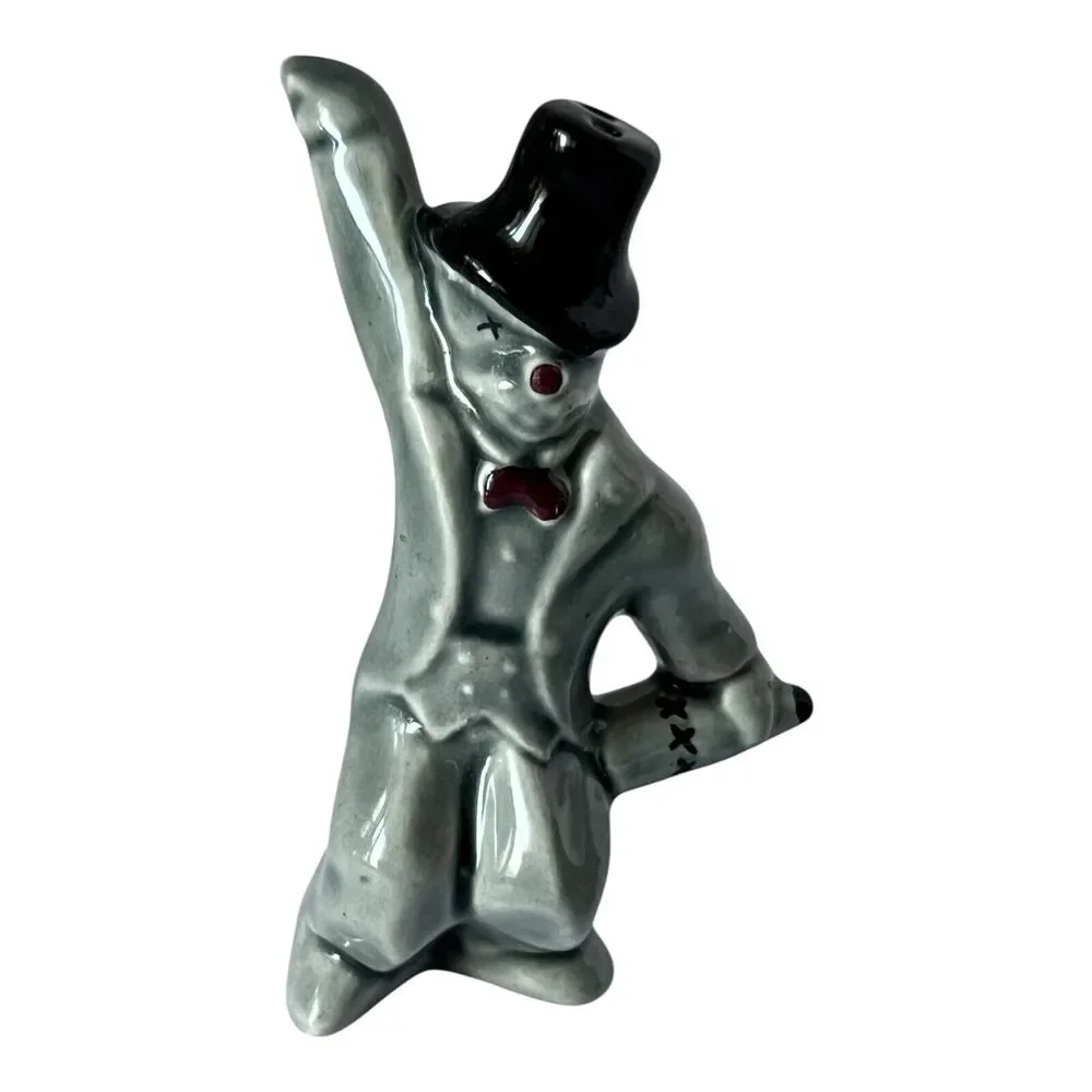 MCM Hobo Clown Single Shaker Porcelain Celadon Blue Cross Eyes Top Hat Kitsch